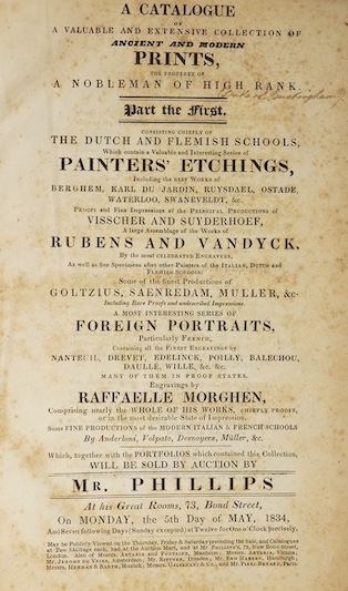 Early 19th century Auction Catalogue - Mr. Phillips [the auctioneer] - A Catalogue of a Valuable and Extensive Collection of Ancient and Modern Prints, the Property of a Nobleman of High Rank [the Duke of Buckingham]…Wil